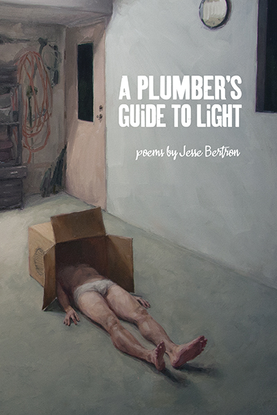 Cover of A Plumber's Guide to Light, a painting of a man in a garage lying down with his head in a cardboard box