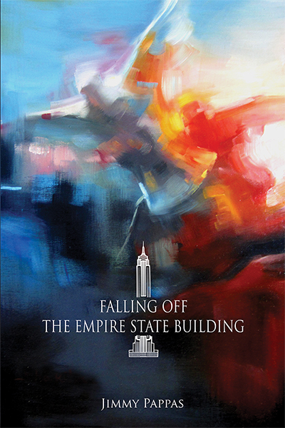 Cover of Falling off the Empire State Building, abstract blue and white painting of a white figure falling from a height