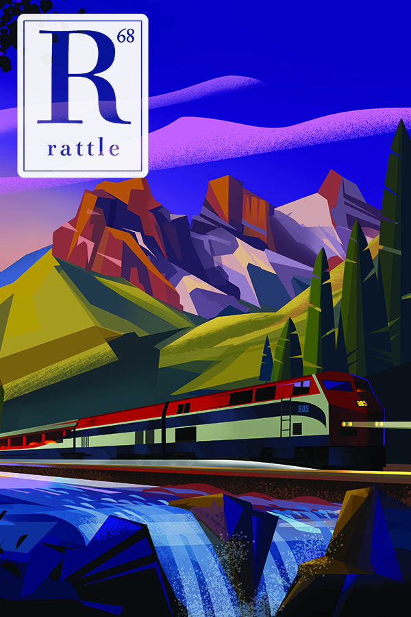 Rattle #68 cover, illustration of a train rolling by a river at dusk