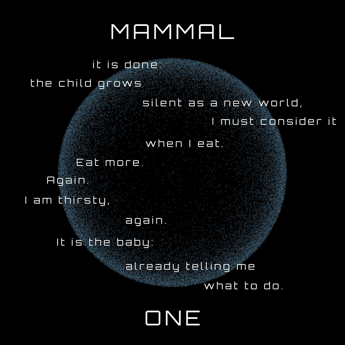 Mammal One by Ana María Caballero, the short poem written over a dark sphere