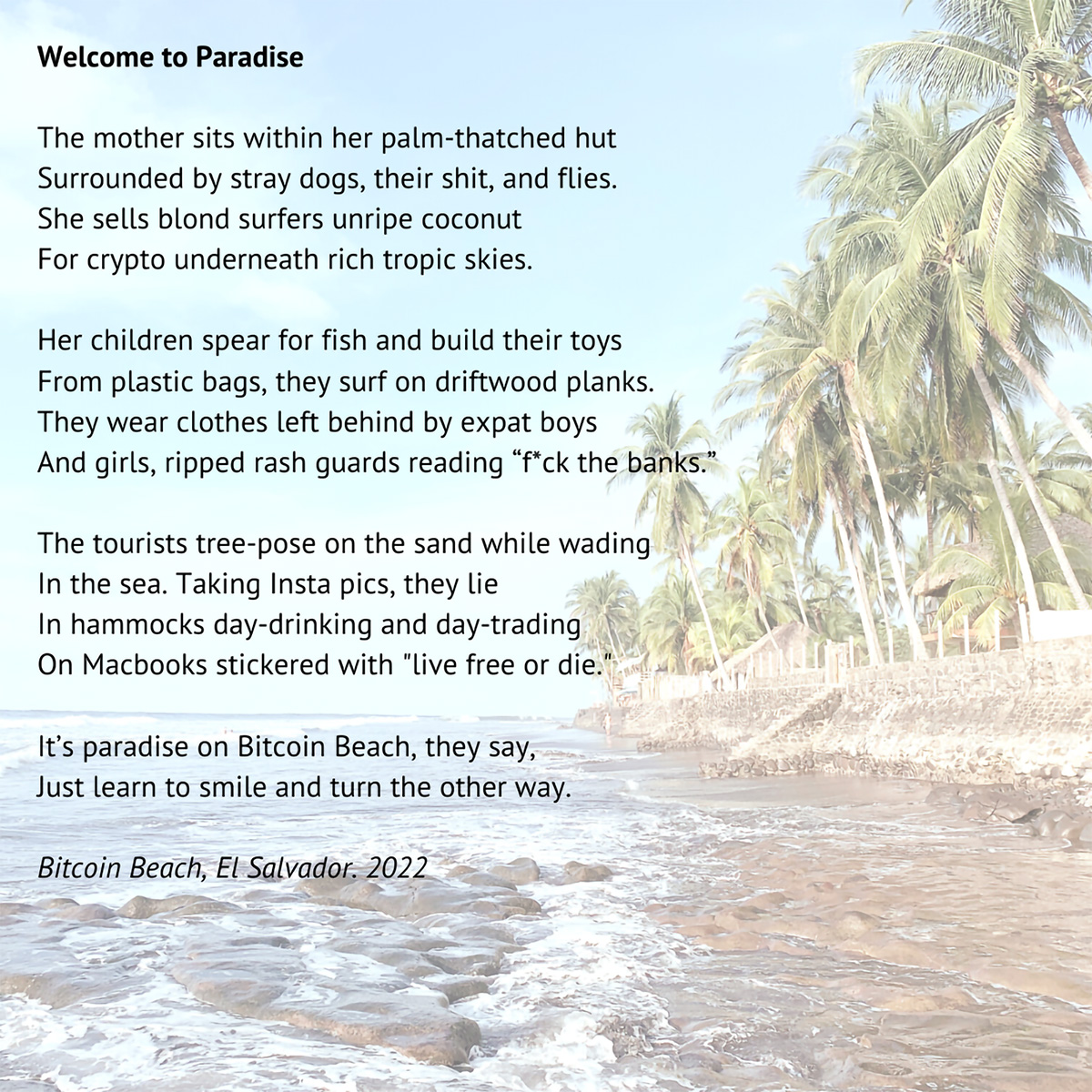 Welcome to Paradise by Maya Clubine, poem written over a photograph of a tropical beach