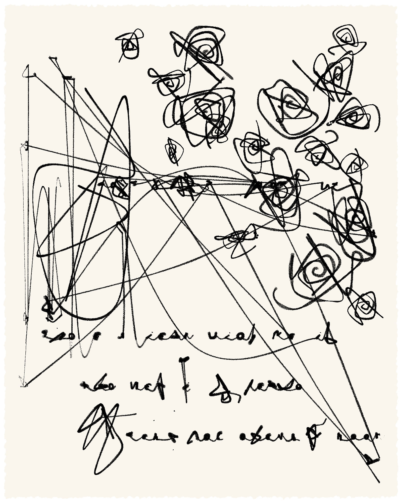 Midnight Confession by Sarah Ridgley, black and white drawing of roughly sketched roses and writing that means nothing